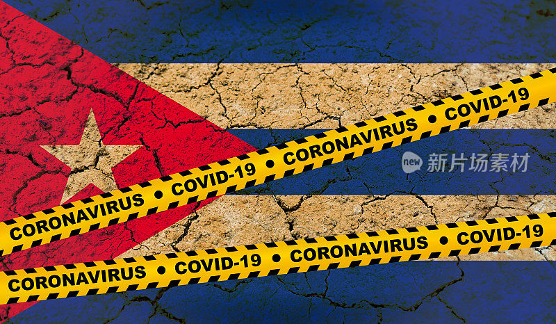 古巴- Covid-19冠状病毒细胞发出黄色带危险信号